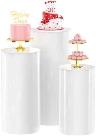 3Pcs White Cylinder Pedestal Stands for Party Decor
