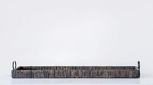 Creative Co Op Black Rattan Wood Tray with Handles