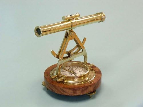 Nautical Brass Alidade Telescope with Compass Wooden Base 8 Inches