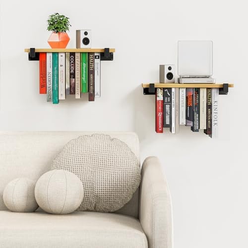 2 Set Floating Bookshelf Pine Wood Wall Bookcase Space Saving Hanging Bookshelves