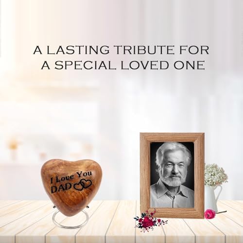 Wooden Heart Keepsake Urn for Dad - Mini Cremation Urn with Engraved Stand
