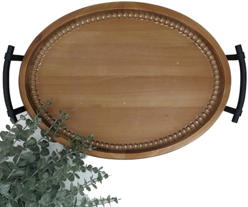 Oval Rustic Wooden Decorative Tray with Metal Handles