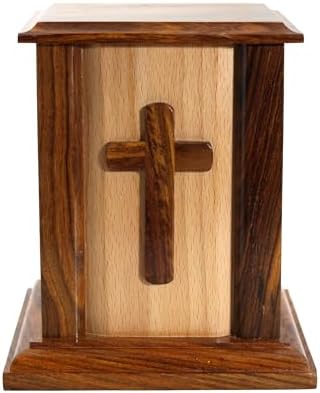 Handcrafted Wooden Memorial Urn with Cross for Human Ashes