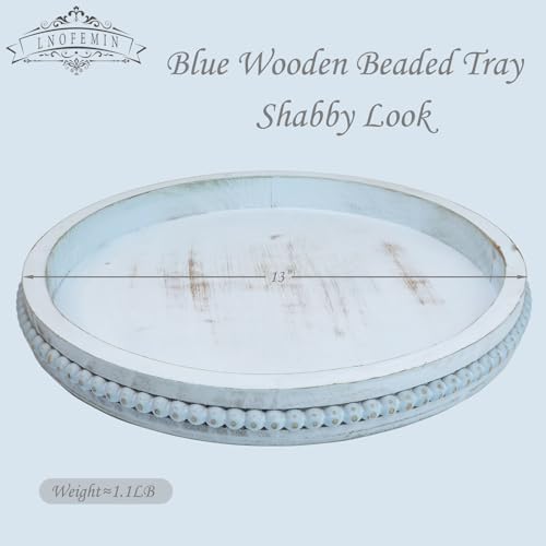 Round Wood Serving Tray with Beads and Blue Wash