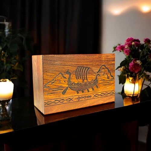 Handcrafted Wooden Cremation Urn with Viking Ship Design