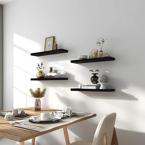 6 Piece Black Wood Floating Shelves for Wall