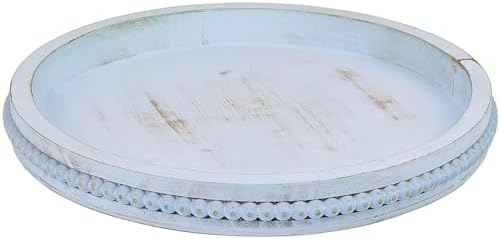 Round Wood Serving Tray with Beads and Blue Wash
