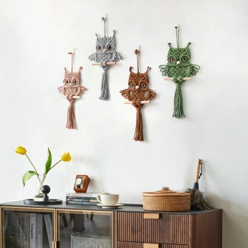 Handwoven Macrame Owl Wall Hanging in Green