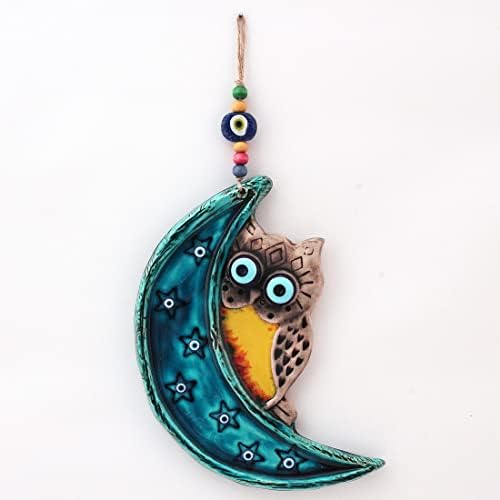 Handmade Ceramic Wall Art Owl Behind the Moon with Evil Eye