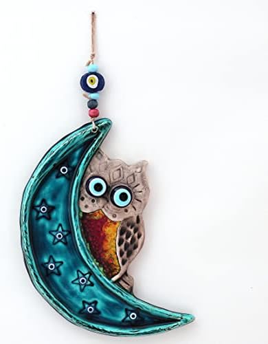 Handmade Ceramic Wall Art Owl Behind the Moon with Evil Eye