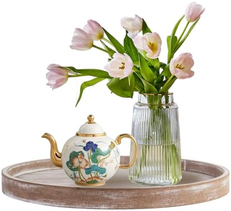 Rustic Round Wooden Coffee Table Tray with Farmhouse Design