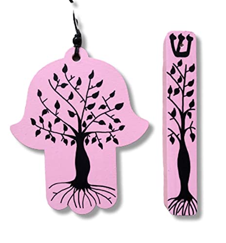 Tree of Life Hamsa Mezuzah Gift Set Light Pink