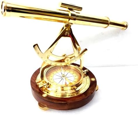 Brass Alidade Telescope with Wooden Base and Navigation Compass