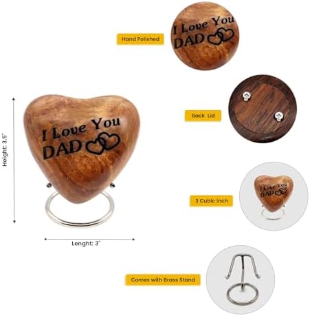 Wooden Heart Keepsake Urn for Dad - Mini Cremation Urn with Engraved Stand