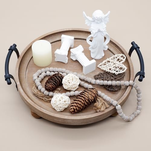 TOOLTENG Round Wooden Serving Tray with Handles