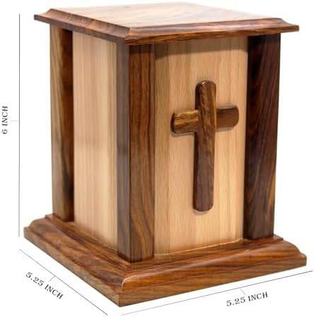 Handcrafted Wooden Memorial Urn with Cross for Human Ashes