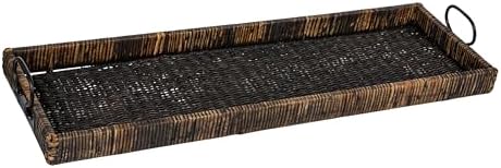 Creative Co Op Black Rattan Wood Tray with Handles