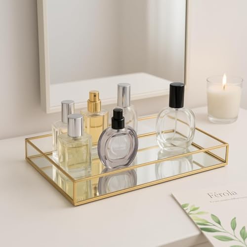 Feyarl Gold Glass Perfume Tray Vanity Decor