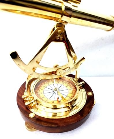 Brass Alidade Telescope with Wooden Base and Navigation Compass