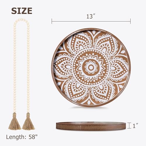 13 Inch Round Decorative Tray with Wooden Beads Garland