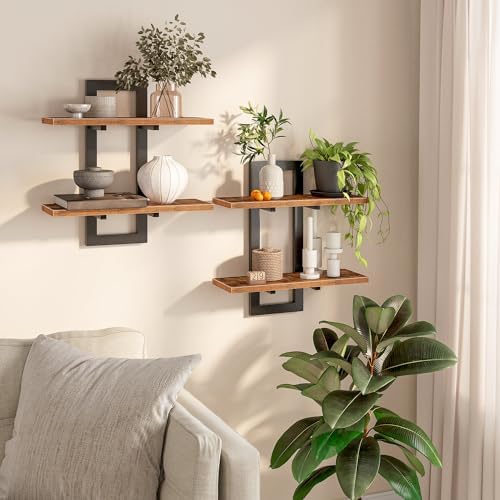 HOOBRO Floating Shelves 2-Tier Set of 2 Rustic Brown and Black
