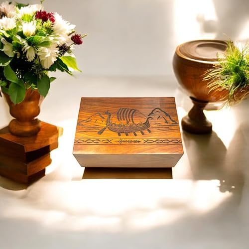 Handcrafted Wooden Cremation Urn with Viking Ship Design