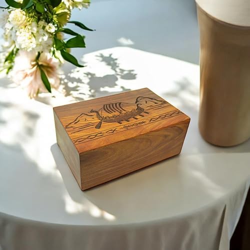 Handcrafted Wooden Cremation Urn with Viking Ship Design