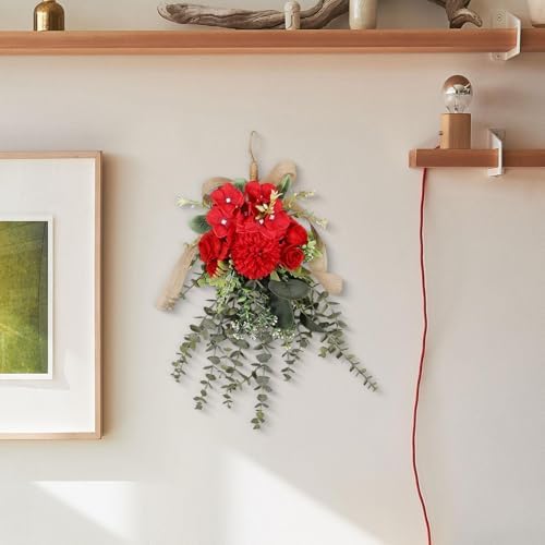 Red Artificial Floral Teardrop Swag Wreath