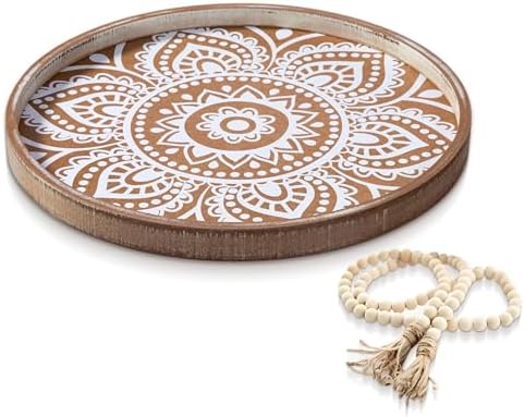 13 Inch Round Decorative Tray with Wooden Beads Garland