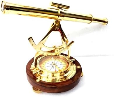 Brass Alidade Telescope with Wooden Base and Navigation Compass