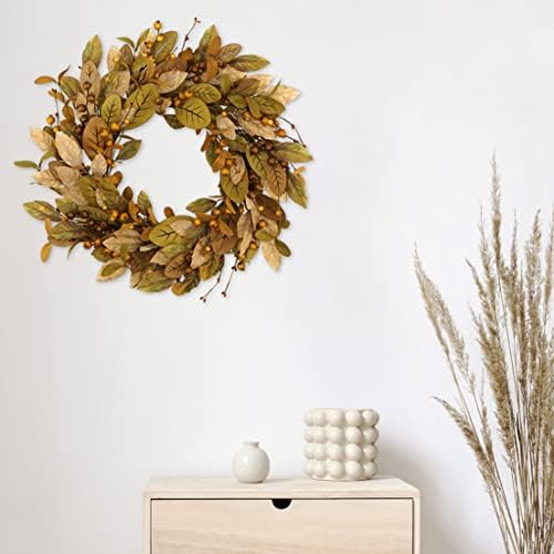 20 Inch Fall Wreath with Brown Magnolia Leaves and Small Pomegranates