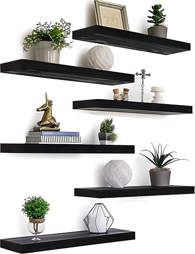 6 Piece Black Wood Floating Shelves for Wall