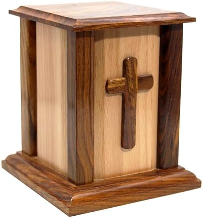 Handcrafted Wooden Memorial Urn with Cross for Human Ashes