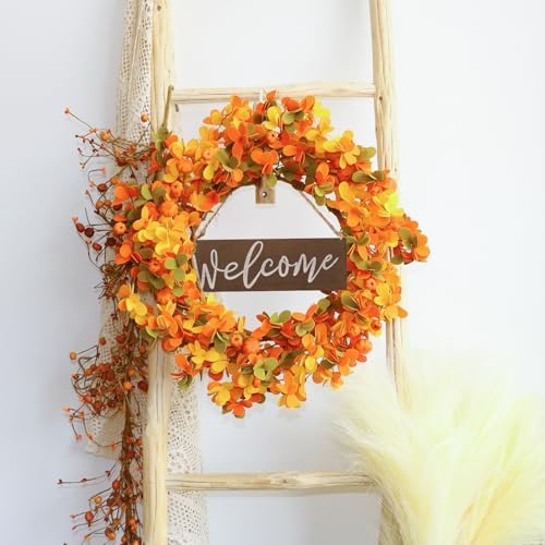 VioletEverGarden 20 Inch Fall Wreath with Welcome Sign and Pumpkins
