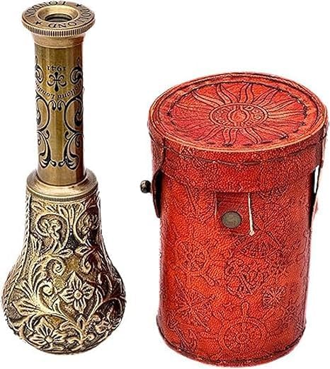 Decorative Brass Telescope with Floral Etchings and Red Leather Case