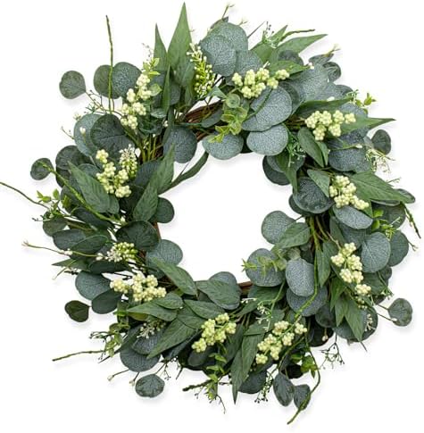 MagicWreath 22 Inch Artificial Green Eucalyptus Wreath with White Berries
