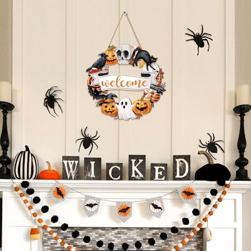 Halloween Wood Wreath with Ghost Black Cat Pumpkin Skull Welcome Sign