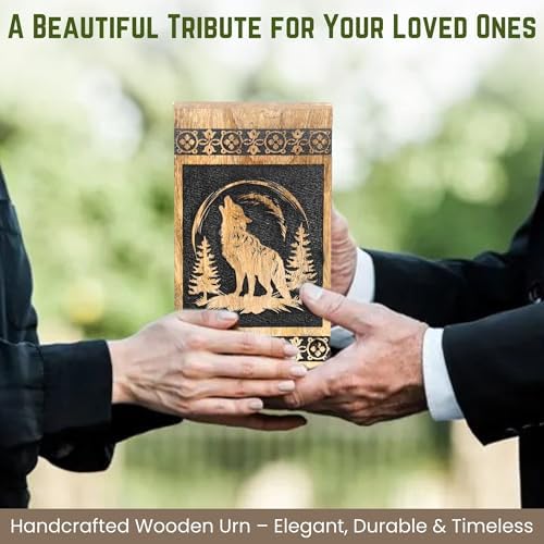 Classic Wolf Fox Wooden Cremation Urn for Adult Ashes