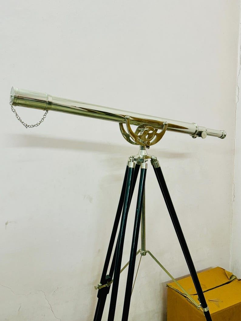 1 Meter Brass Telescope with Silver Chrome Finish and Wooden Tripod Stand