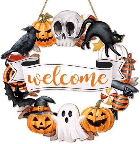 Halloween Wood Wreath with Ghost Black Cat Pumpkin Skull Welcome Sign