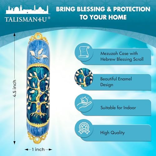 Talisman4u Enamel Mezuzah Case with Gold Plated Crystals and Tree of Life Design