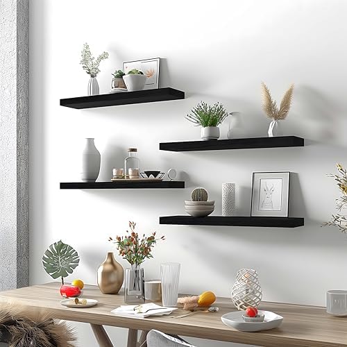 6 Piece Black Wood Floating Shelves for Wall