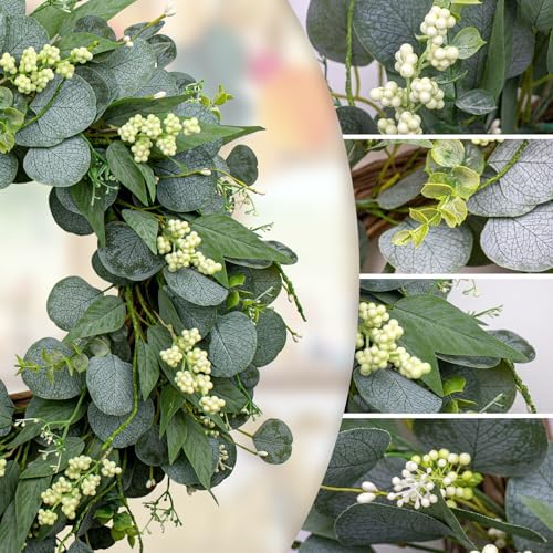 MagicWreath 22 Inch Artificial Green Eucalyptus Wreath with White Berries
