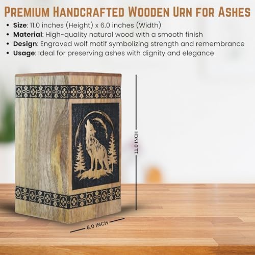 Classic Wolf Fox Wooden Cremation Urn for Adult Ashes