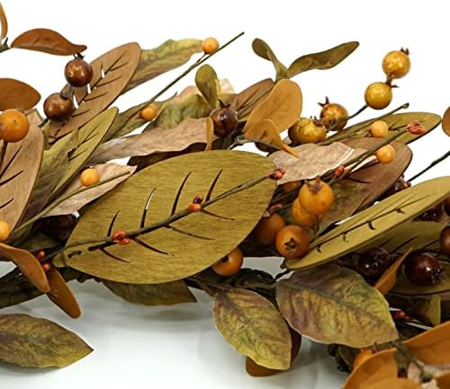 20 Inch Fall Wreath with Brown Magnolia Leaves and Small Pomegranates