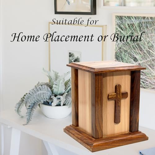 Handcrafted Wooden Memorial Urn with Cross for Human Ashes