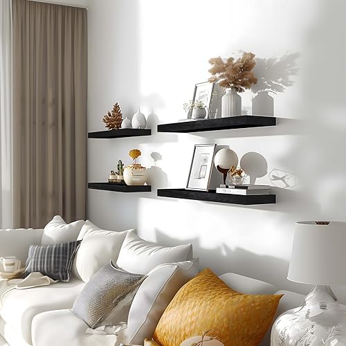 6 Piece Black Wood Floating Shelves for Wall