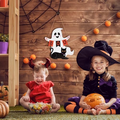 Halloween Wooden Ghost Door Wreath with BOO Sign