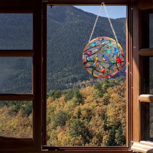 Stained Glass Window Hanging Suncatcher 6 Inch Birds on Branch