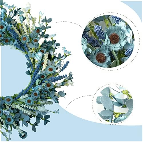 Bibelot 20 Inch Blue Daisy Spring Wreath with Green Leaves